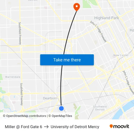 Miller @ Ford Gate 6 to University of Detroit Mercy map