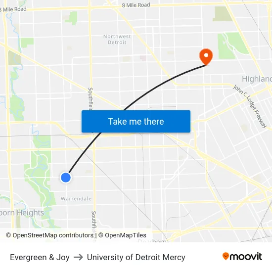 Evergreen & Joy to University of Detroit Mercy map