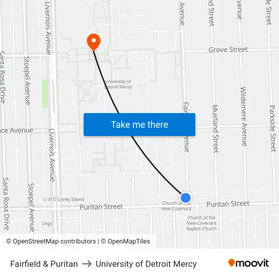 Fairfield & Puritan to University of Detroit Mercy map