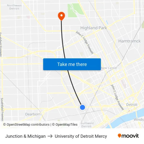 Junction & Michigan to University of Detroit Mercy map