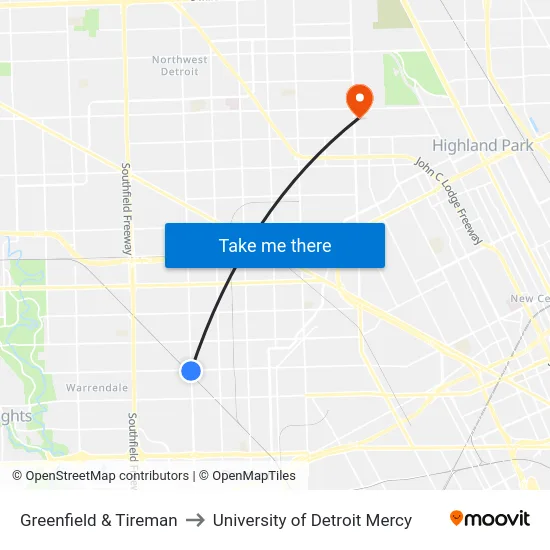 Greenfield & Tireman to University of Detroit Mercy map