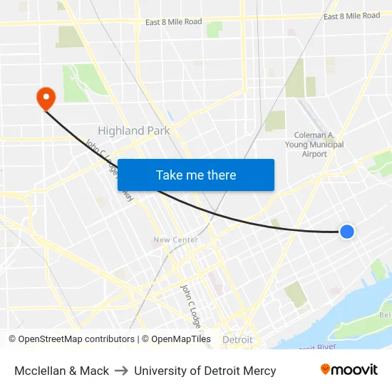 Mcclellan & Mack to University of Detroit Mercy map