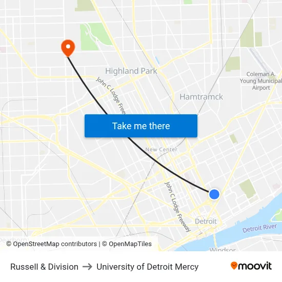 Russell & Division to University of Detroit Mercy map
