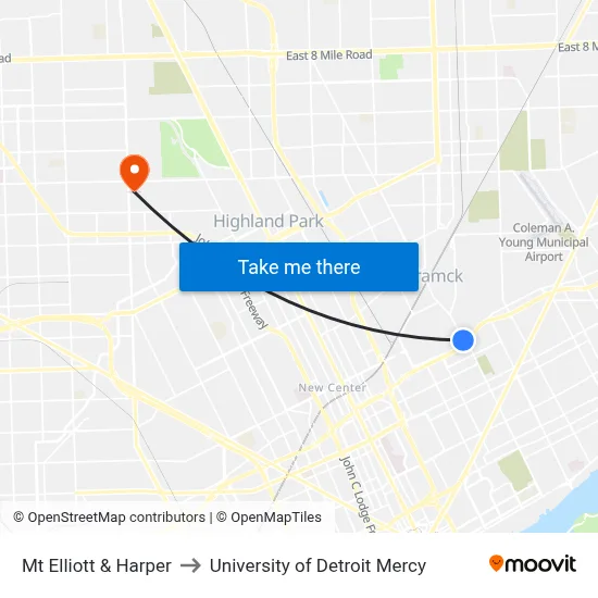 Mt Elliott & Harper to University of Detroit Mercy map