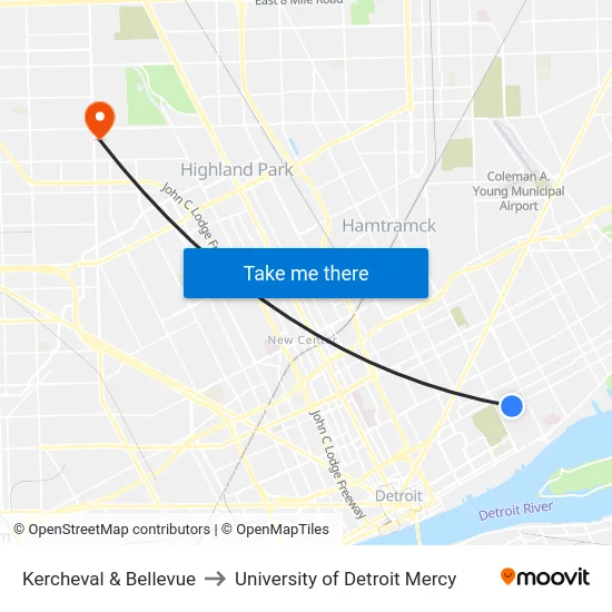 Kercheval & Bellevue to University of Detroit Mercy map