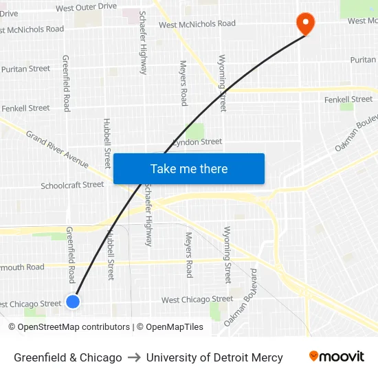 Greenfield & Chicago to University of Detroit Mercy map