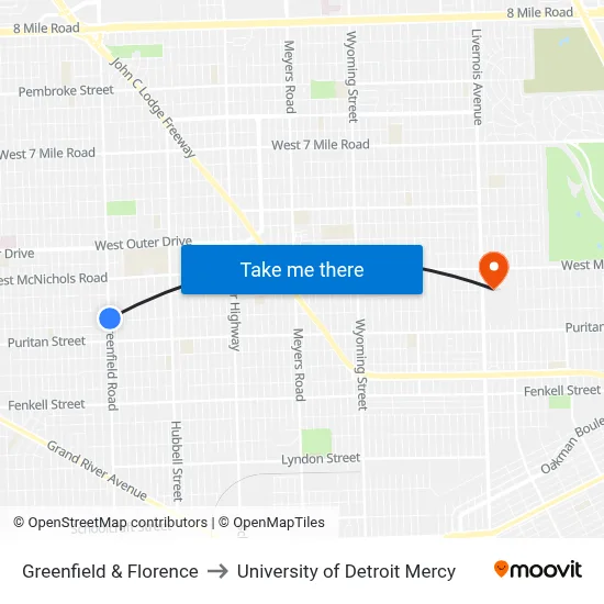 Greenfield & Florence to University of Detroit Mercy map
