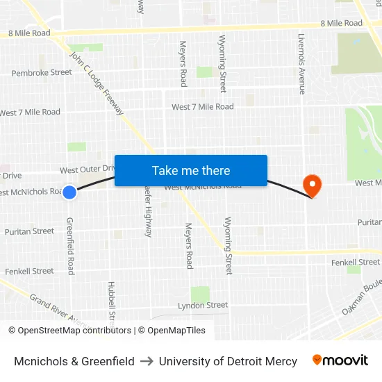 Mcnichols & Greenfield to University of Detroit Mercy map