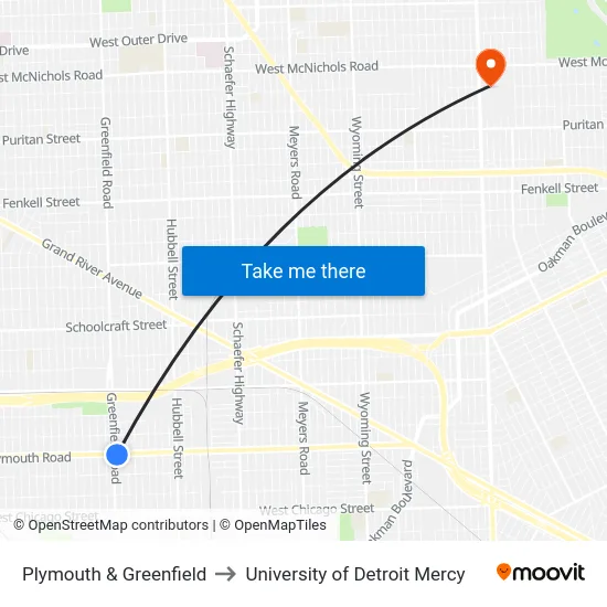 Plymouth & Greenfield to University of Detroit Mercy map
