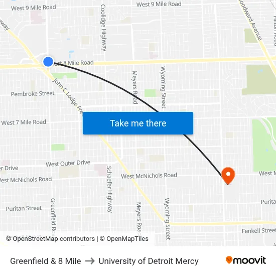 Greenfield & 8 Mile to University of Detroit Mercy map