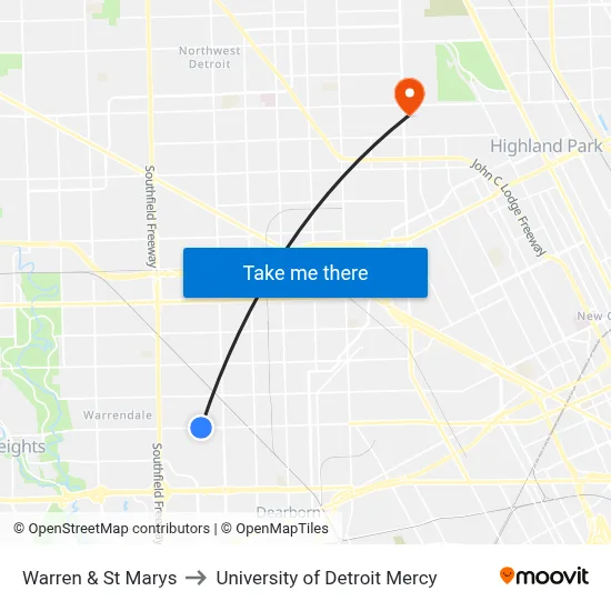Warren & St Marys to University of Detroit Mercy map