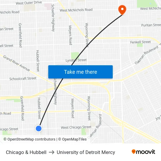 Chicago & Hubbell to University of Detroit Mercy map