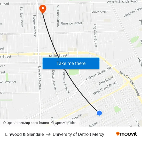 Linwood & Glendale to University of Detroit Mercy map