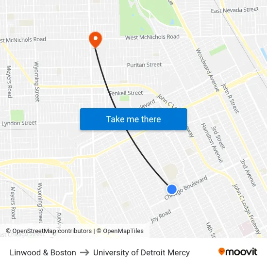 Linwood & Boston to University of Detroit Mercy map