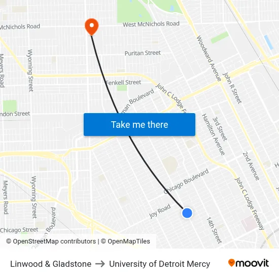 Linwood & Gladstone to University of Detroit Mercy map