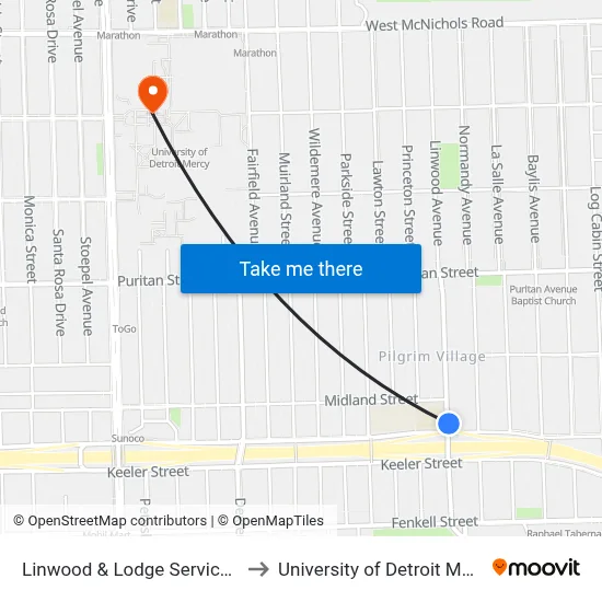Linwood & Lodge Service Dr to University of Detroit Mercy map