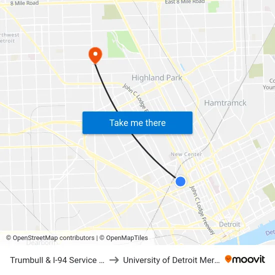 Trumbull & I-94 Service Dr to University of Detroit Mercy map