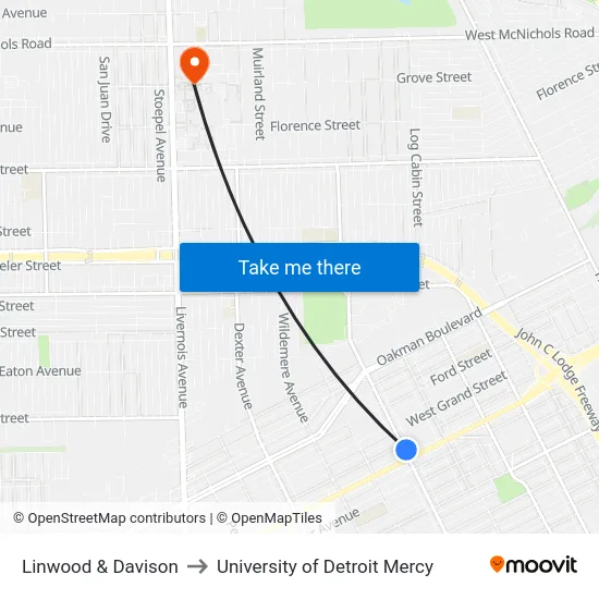 Linwood & Davison to University of Detroit Mercy map