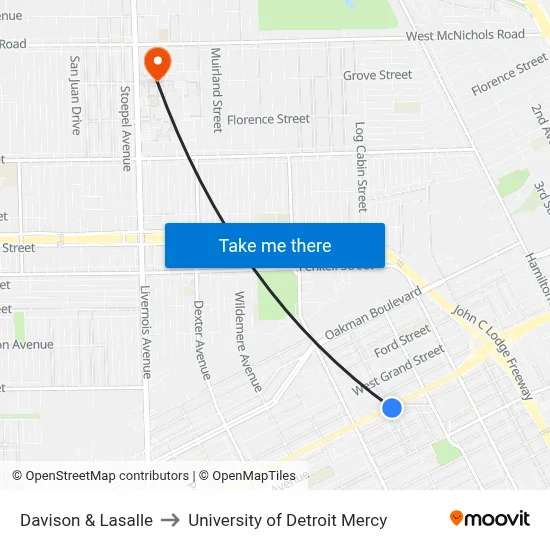 Davison & Lasalle to University of Detroit Mercy map
