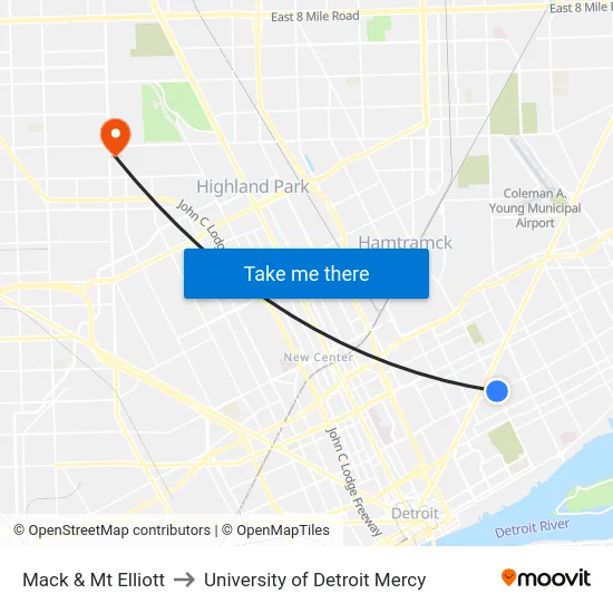 Mack & Mt Elliott to University of Detroit Mercy map