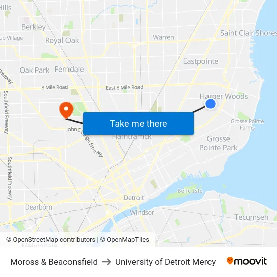 Moross & Beaconsfield to University of Detroit Mercy map