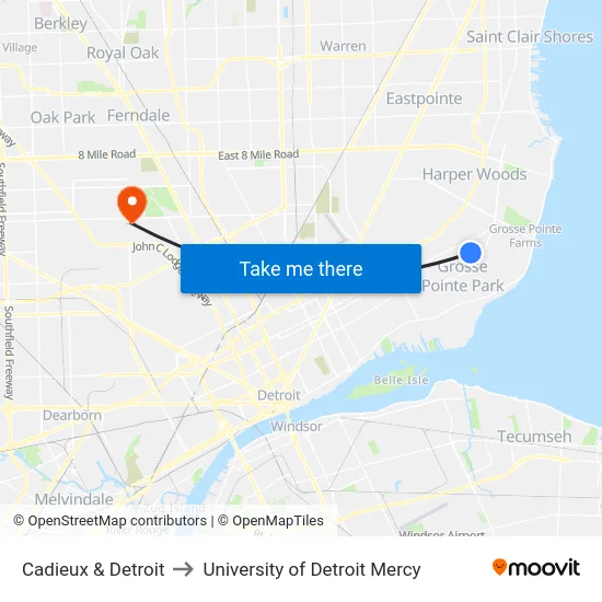 Cadieux & Detroit to University of Detroit Mercy map