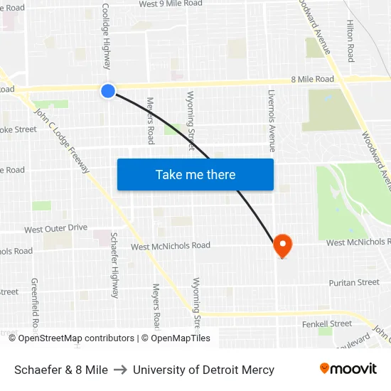 Schaefer & 8 Mile to University of Detroit Mercy map