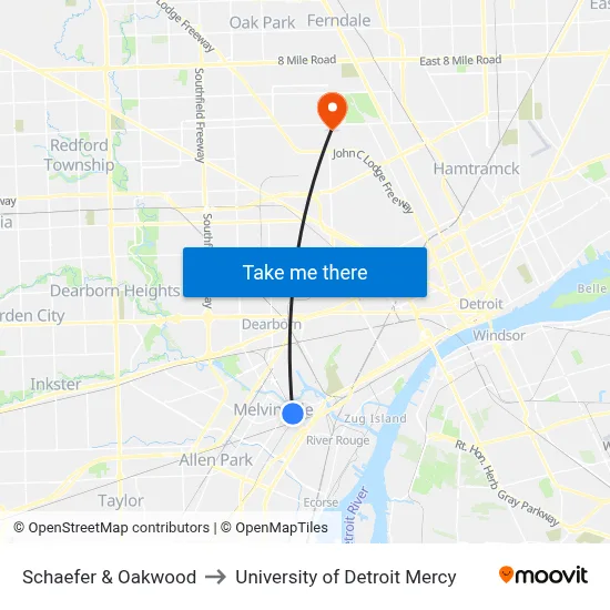 Schaefer & Oakwood to University of Detroit Mercy map