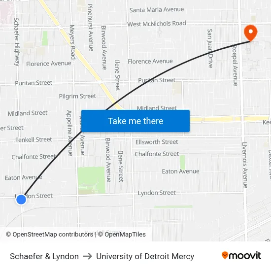 Schaefer & Lyndon to University of Detroit Mercy map