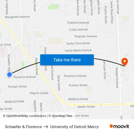 Schaefer & Florence to University of Detroit Mercy map