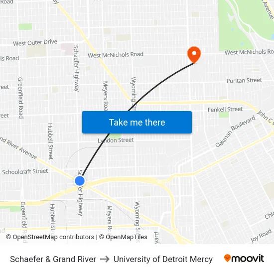 Schaefer & Grand River to University of Detroit Mercy map