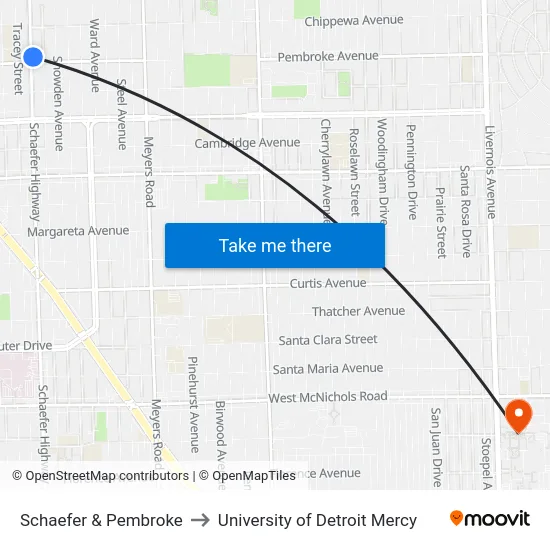 Schaefer & Pembroke to University of Detroit Mercy map