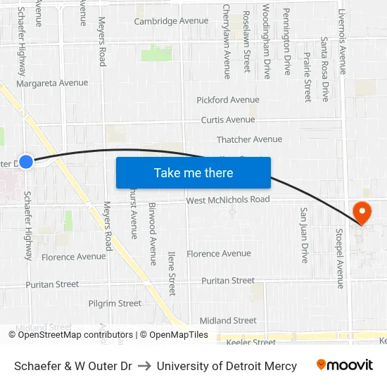 Schaefer & W Outer Dr to University of Detroit Mercy map