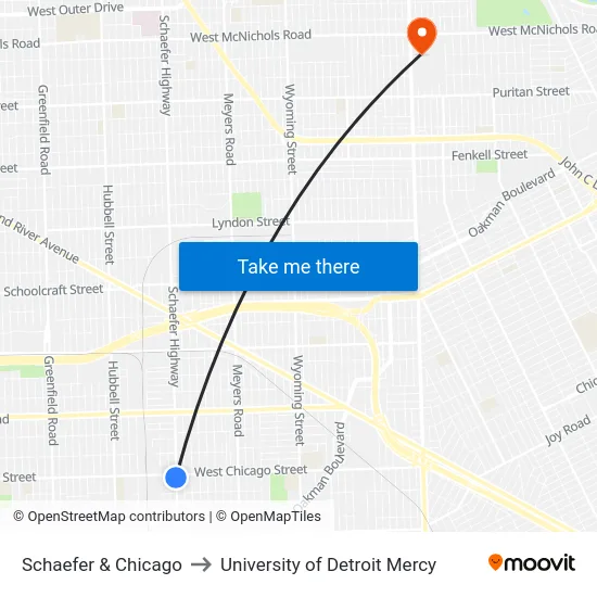 Schaefer & Chicago to University of Detroit Mercy map
