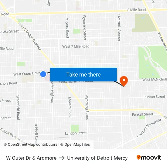 W Outer Dr & Ardmore to University of Detroit Mercy map