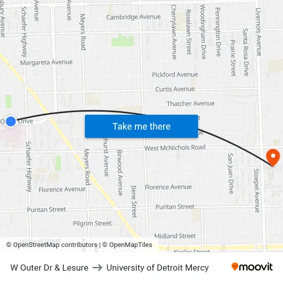 W Outer Dr & Lesure to University of Detroit Mercy map