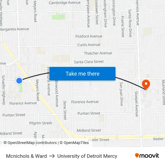 Mcnichols & Ward to University of Detroit Mercy map