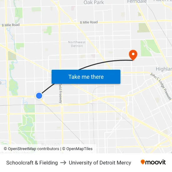 Schoolcraft & Fielding to University of Detroit Mercy map
