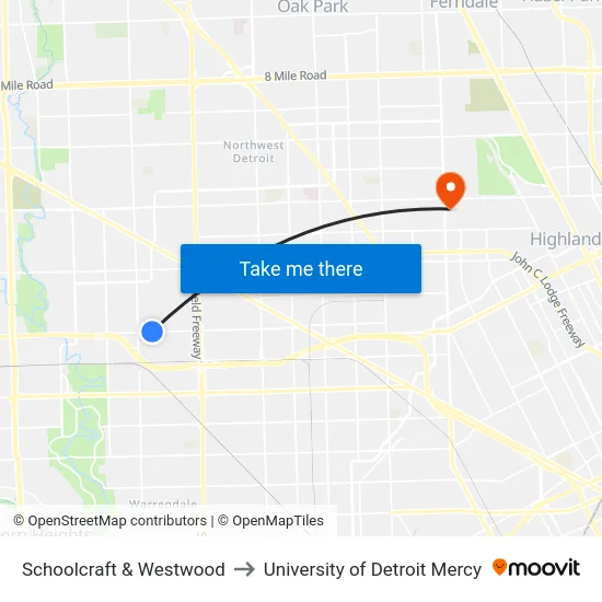 Schoolcraft & Westwood to University of Detroit Mercy map