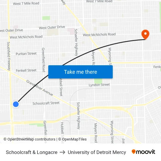 Schoolcraft & Longacre to University of Detroit Mercy map