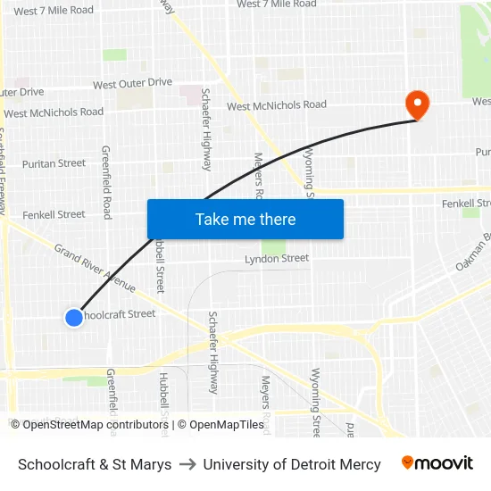 Schoolcraft & St Marys to University of Detroit Mercy map