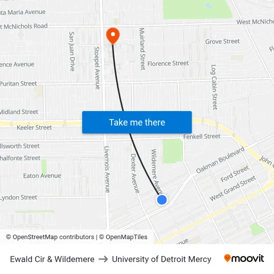 Ewald Cir & Wildemere to University of Detroit Mercy map