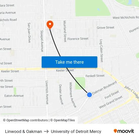 Linwood & Oakman to University of Detroit Mercy map