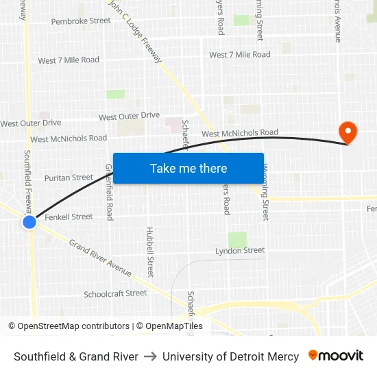 Southfield & Grand River to University of Detroit Mercy map