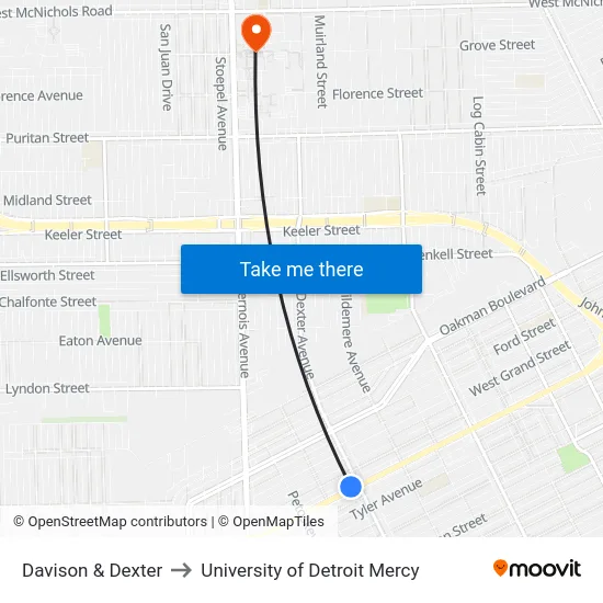 Davison & Dexter to University of Detroit Mercy map