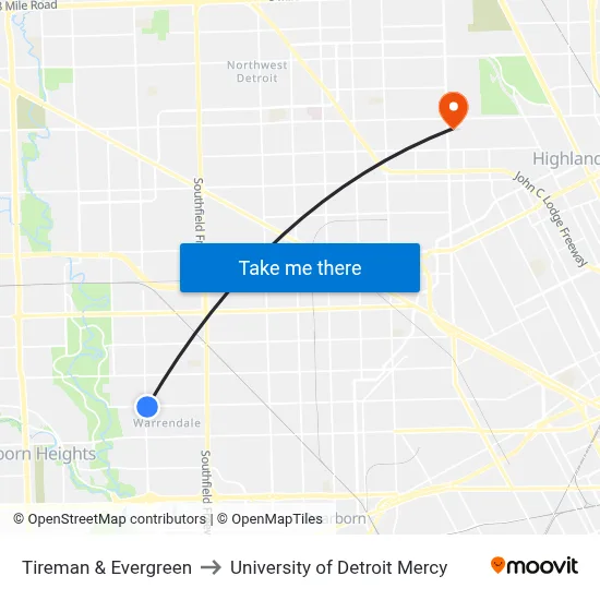 Tireman & Evergreen to University of Detroit Mercy map