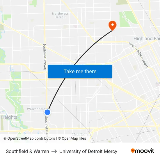 Southfield & Warren to University of Detroit Mercy map
