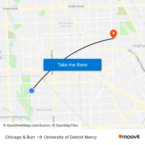 Chicago & Burt to University of Detroit Mercy map