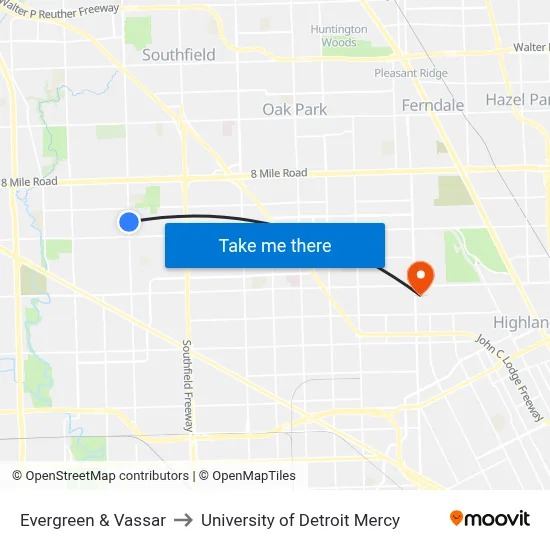 Evergreen & Vassar to University of Detroit Mercy map