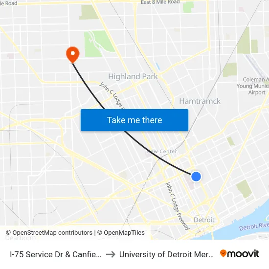 I-75 Service Dr & Canfield to University of Detroit Mercy map